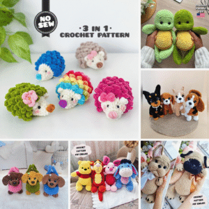 🐾 cute animal amigurumi bundle – 6 crochet patterns in 1 pdf (no sew & low sew collection) 🐢🐶🦔